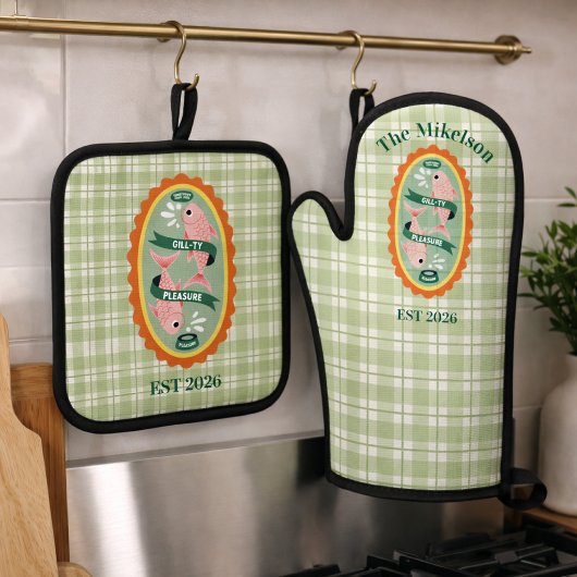 Green Gingham Sardines Custom Family Name 鍋つかみ&鍋敷きセット
