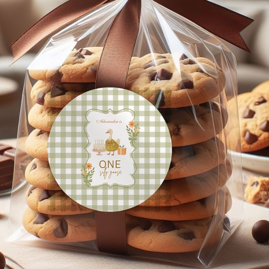  Green Gingham Silly Goose 1st Birthday ラウンドシール