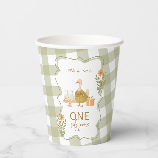  Green Gingham Silly Goose 1st Birthday 紙コップ (裏面)