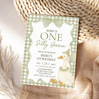 Green Gingham Silly Goose 1st Birthday Invitation 招待状