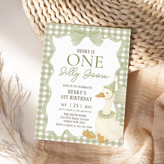 Green Gingham Silly Goose 1st Birthday Invitation 招待状