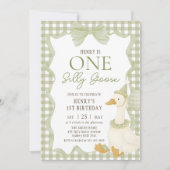 Green Gingham Silly Goose 1st Birthday Invitation 招待状 (正面)