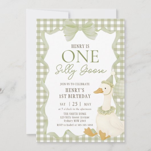 Green Gingham Silly Goose 1st Birthday Invitation 招待状 (正面)