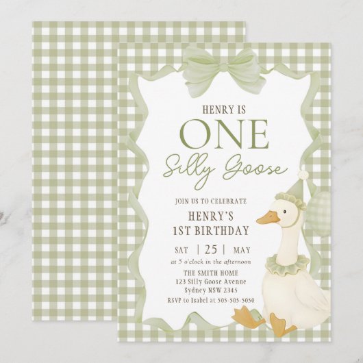 Green Gingham Silly Goose 1st Birthday Invitation 招待状 (正面/裏面)