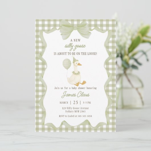 Green Gingham Silly Goose Baby Shower Invitation 招待状 (スタンド正面)