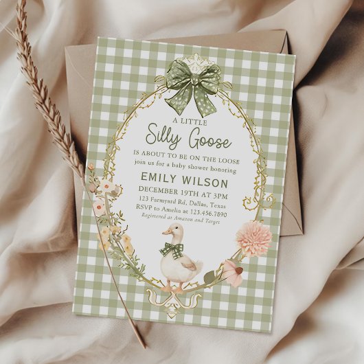 Green Gingham Silly Goose Baby Shower Invitation 招待状