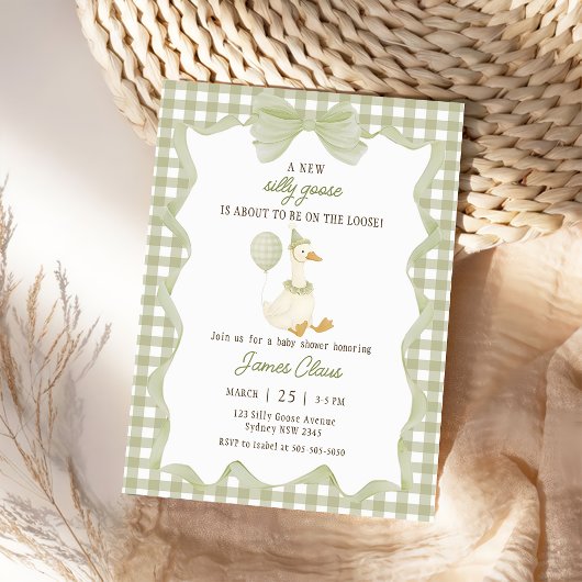 Green Gingham Silly Goose Baby Shower Invitation 招待状