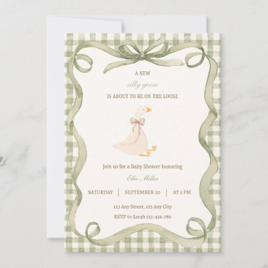 Green Gingham Silly Goose Baby Shower Invitation  招待状 (正面)
