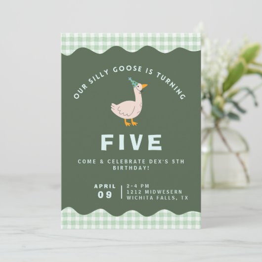 Green Gingham Silly Goose Birthday 招待状 (スタンド正面)