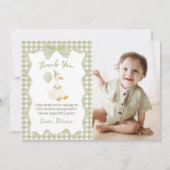 Green Gingham Silly Goose Birthday Photo サンキューカード (正面)