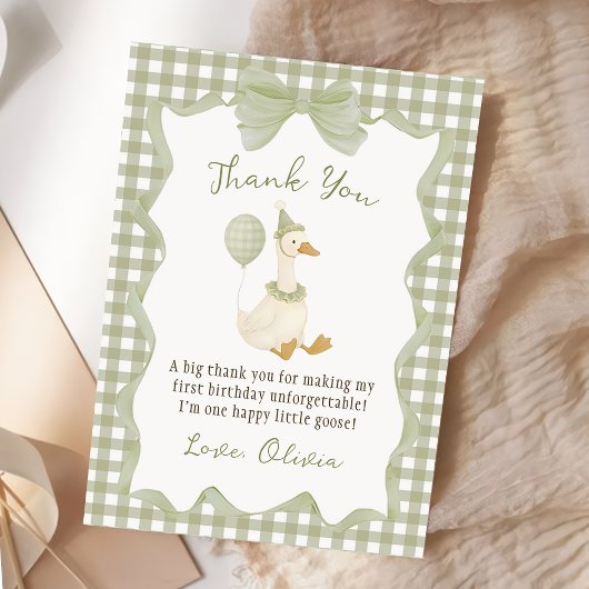 Green Gingham Silly Goose Birthday Thank You Card サンキューカード
