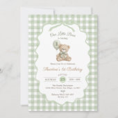Green Gingham Teddy Bear Balloon 1st Birthday 招待状 (正面)