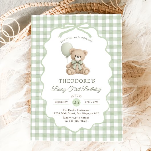 Green Gingham Teddy Bear Balloon Birthday 招待状