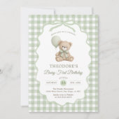 Green Gingham Teddy Bear Balloon Birthday 招待状 (正面)