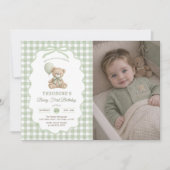 Green Gingham Teddy Bear Balloon Birthday Photo 招待状 (正面)