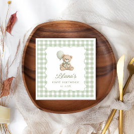 Green Gingham Teddy Bear Birthday Napkins スタンダードカクテルナプキン