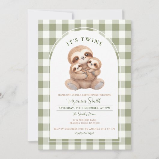Green Gingham Twin Sloth Baby Shower Invitation 招待状 (正面)