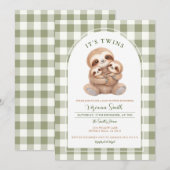 Green Gingham Twin Sloth Baby Shower Invitation 招待状 (正面/裏面)