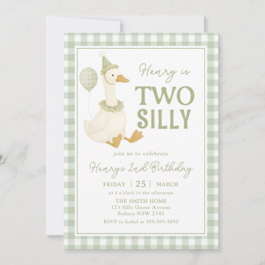 Green Gingham Two Silly Goose Birthday Invitation 招待状 (正面)