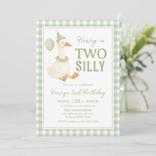 Green Gingham Two Silly Goose Birthday Invitation 招待状 (スタンド正面)