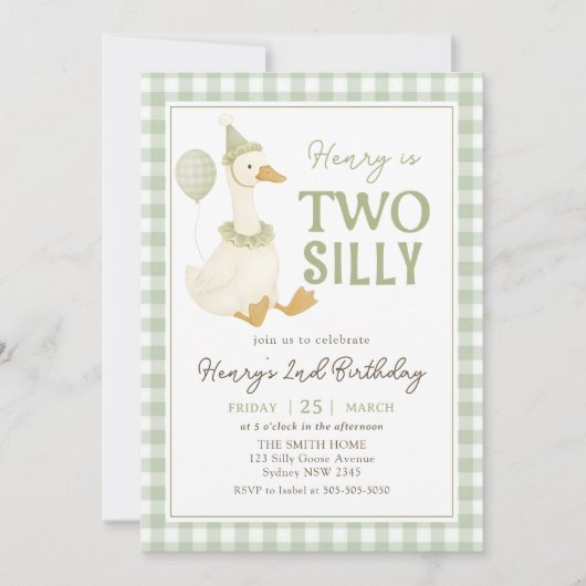 Green Gingham Two Silly Goose Birthday Invitation 招待状 (正面)
