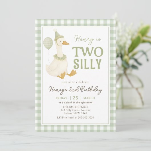 Green Gingham Two Silly Goose Birthday Invitation 招待状 (スタンド正面)