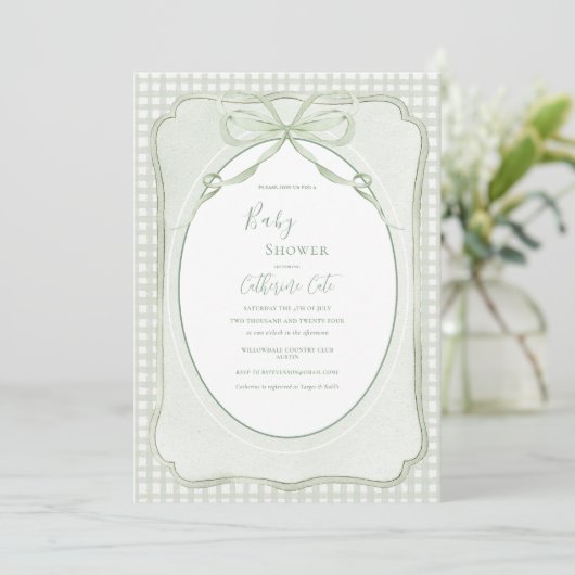 Green Gingham Vintage Baby Shower 招待状 (スタンド正面)