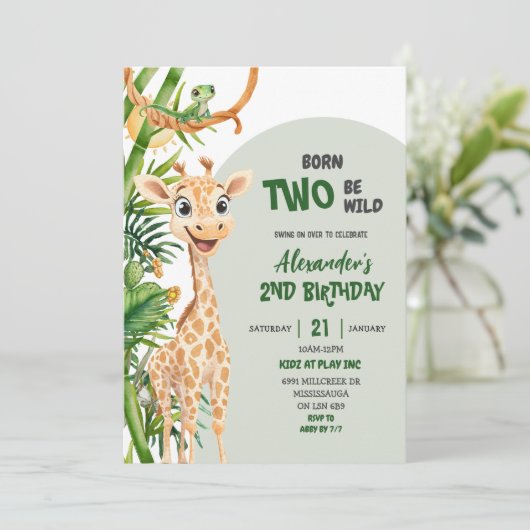 Green Giraffe Born Two Wild Safari Second Birthday 招待状 (スタンド正面)