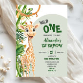 Green Giraffe Wild One Safari First Birthday 招待状