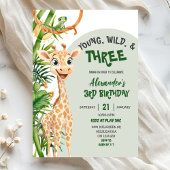 Green Giraffe Young Wild Three Third Birthday 招待状