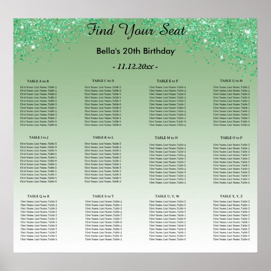 Green Glitter Birthday Alphabetic Seating Plan ポスター (正面)