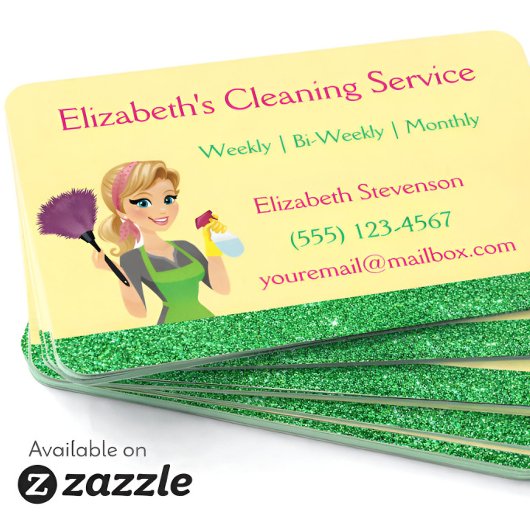 Green Glitter Cartoon Maid House Cleaning Service  名刺
