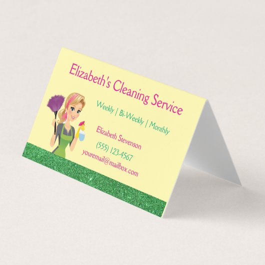 Green Glitter Cartoon Maid House Cleaning Service  名刺 (正面)