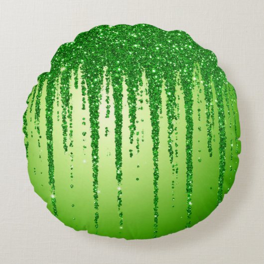 Green Glitter Drip Background With Sparkling ラウンドクッション (正面)