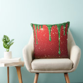 Green Glitter Drip Over Red Background クッション (椅子)