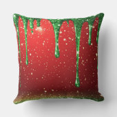 Green Glitter Drip Over Red Background クッション (裏面)