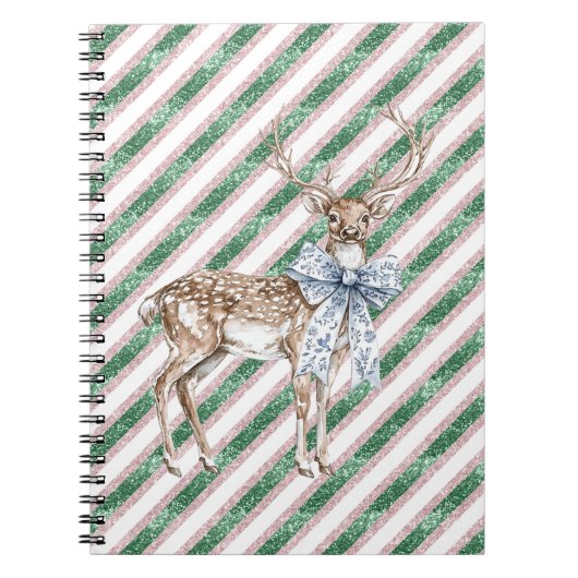 Green Glitter Stripes Blue White Bow Deer  ノートブック (正面)
