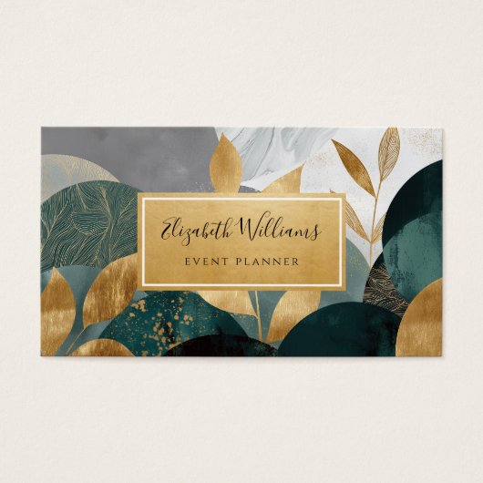 Green Gold Abstract Leaves Business Cards (正面)
