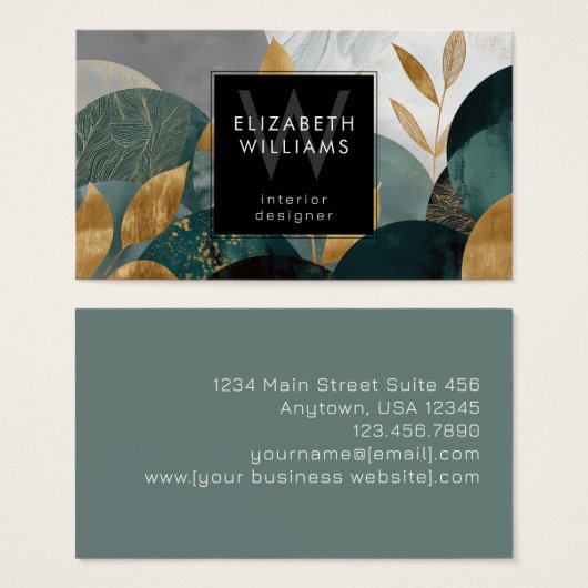 Green Gold Abstract Leaves Monogram Business Cards (正面&裏面)