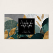 Green Gold Abstract Leaves Monogram Business Cards (正面)