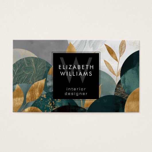Green Gold Abstract Leaves Monogram Business Cards (正面)
