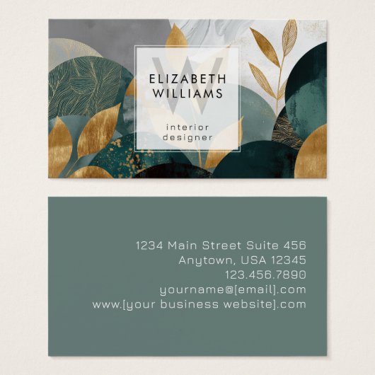 Green Gold Abstract Leaves Monogram Business Cards (正面&裏面)