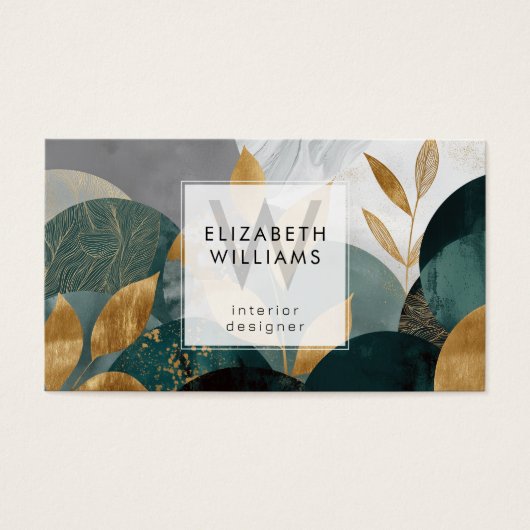 Green Gold Abstract Leaves Monogram Business Cards (正面)