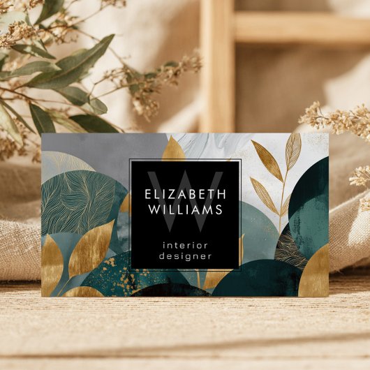 Green Gold Abstract Leaves Monogram Business Cards