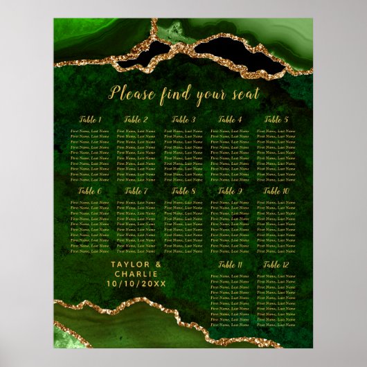Green Gold Agate Wedding Seating Chart 12 Table ポスター (正面)