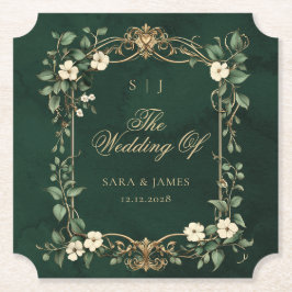 Green Gold Art Nouveau Enchanted Wedding ペーパーコースター