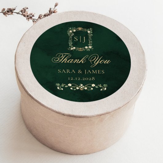 Green Gold Botanical Crest Wedding Thank you ラウンドシール