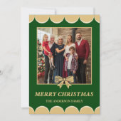 Green & Gold Bow Scalloped Family Christmas Photo シーズンカード (正面)