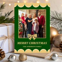 Green & Gold Bow Scalloped Family Christmas Photo