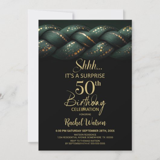 Green Gold Braid Surprise 50th Birthday Party 招待状 (正面)